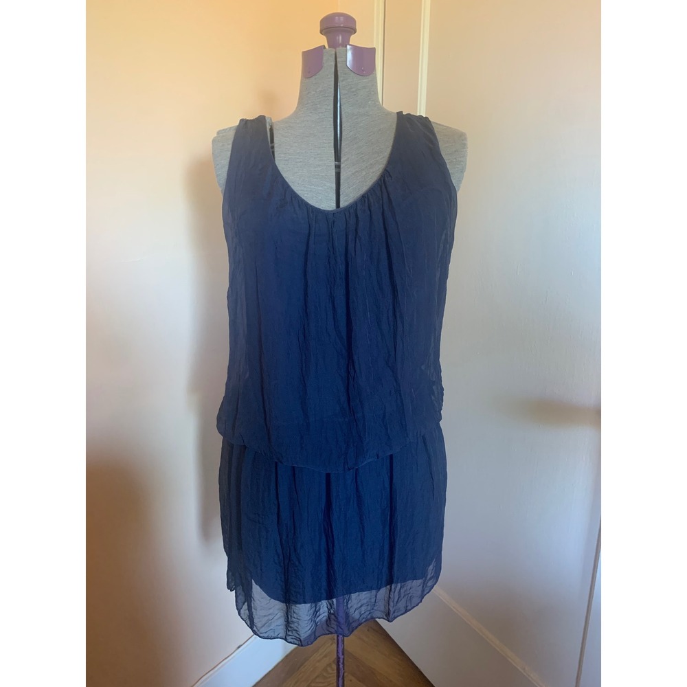 Pura Seta Italy Navy Blue 100% Silk Blouson Mini Dress Sleeveless Boho Vacation